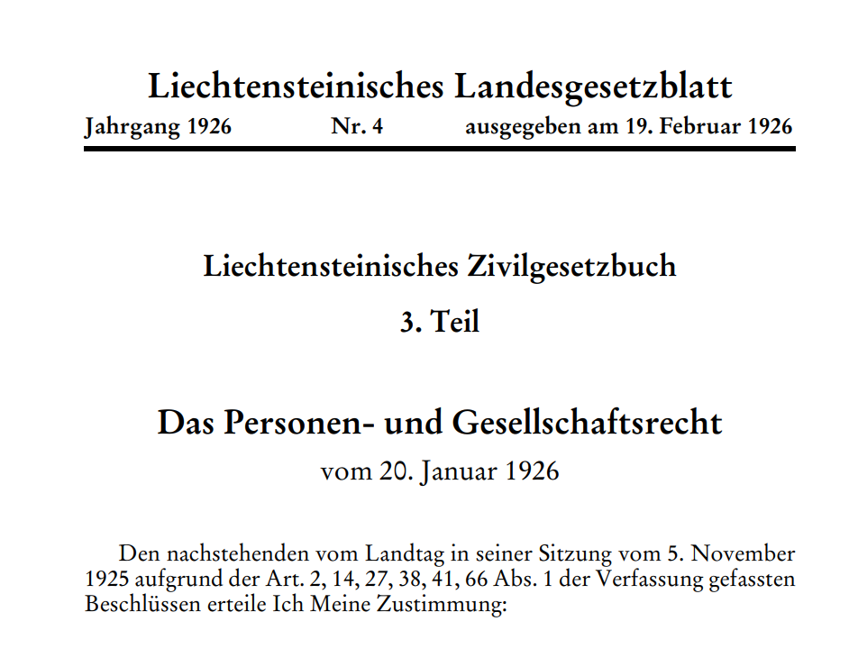 Titelseite des Personen- und Gesellschaftsrechts im Liechtensteinischen Landesgesetzblatt Jahrgang 1926